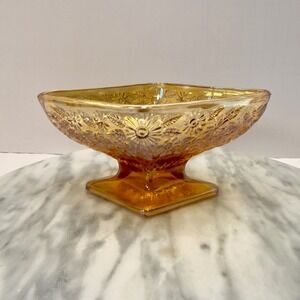 Amber Iridescent Glass Square Pedestal Candy Dish Fruit Bowl Embossed Flowers